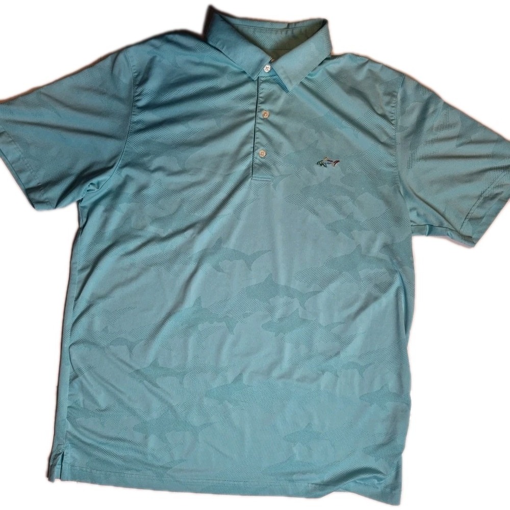 Greg Norman Play Dry Mens XL Blue Tonal Shark Print Golf Polo Shirt Short Sleeve